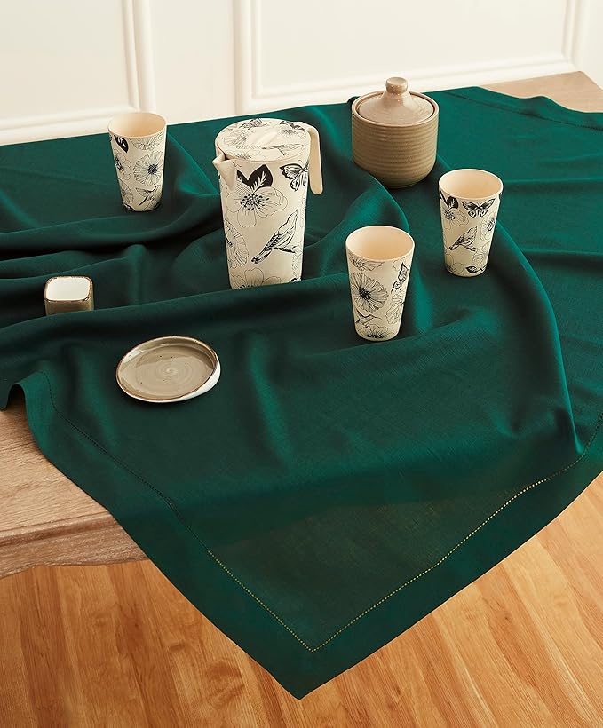 Solino Home Rainforest Green Linen Tablecloth 52 x 52 Inch - 100% Pure Linen Square Table Throw - Classic Hemstitch, Machine Washable Table Cloth for Fall, Autumn, Thanksgiving, Christmas, Winter