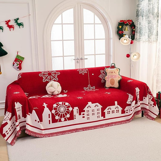 MEETSKY Christmas Couch Covers for 3 Cushion Couch Sofa, Washable Sofa Slipcover Chenille Red Couch Protector Covers for Sectional Sofa Fit for 3 Seat, Thick Soft Sofa Covers for Dogs, 71" x 134"