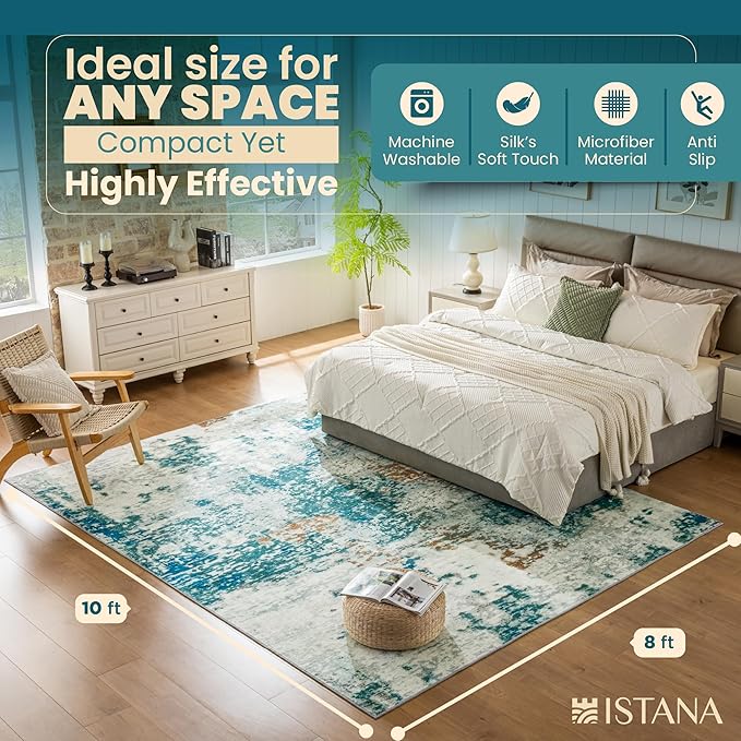 Istana 8x10 Area Rug - Green 8x10 Rugs for Living Room - Foldable Rugs for Bedroom - Stain Resistant Washable Rug - Eco-Friendly Area Rugs - Easy to Clean Living Room Rug