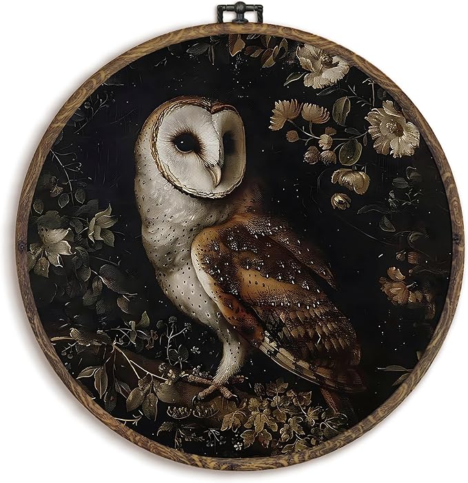 KFXHANGD Gothic Owl Round Wall Art Framed, Dark Cottagecore Owls Canvas Wall Art Decor, Witchy Owls Floral Hanging Decor for Bedroom Bathroom Living Room, Owl Lover Gifts, 10x10inch