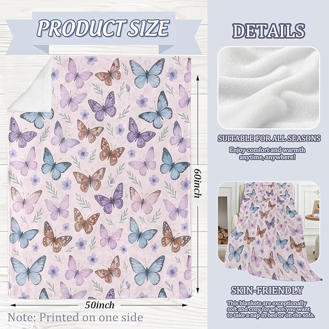 Elegant Butterfly Blanket, Pastel Floral Style 60 x 50 Inch Flannel Throw Blanket, Gifts for Women Kids, Lightweight Cozy Warm Blankets for Sofa Travel Home Decor