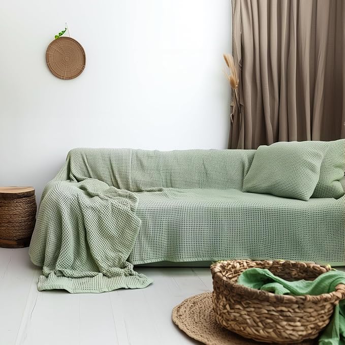 Waffle%100 Cotton Couch Cover - Perfect for L-Shape, U-Shape & Sectional Sofas, Washable Couch Cover, Extra Large Sofa Cover, 3, 4 Seater Slip Cover (Sage Green, 71x150 inches - 180x380 cm)