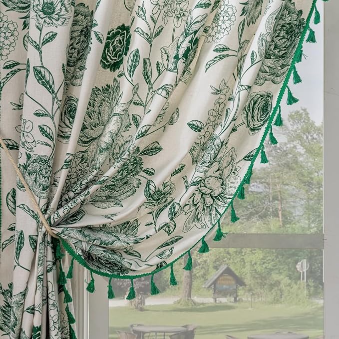 F-CHU Boho Curtains for Living Room 96 Inch Length French Country Floral Drapes Farmhouse Rustic Vintage Window Curtain Panels for Bedroom Chic Cotton Linen Closet Curtains，2 Panel