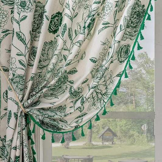 F-CHU Boho Curtains for Living Room 96 Inch Length French Country Floral Drapes Farmhouse Rustic Vintage Window Curtain Panels for Bedroom Chic Cotton Linen Closet Curtains，2 Panel