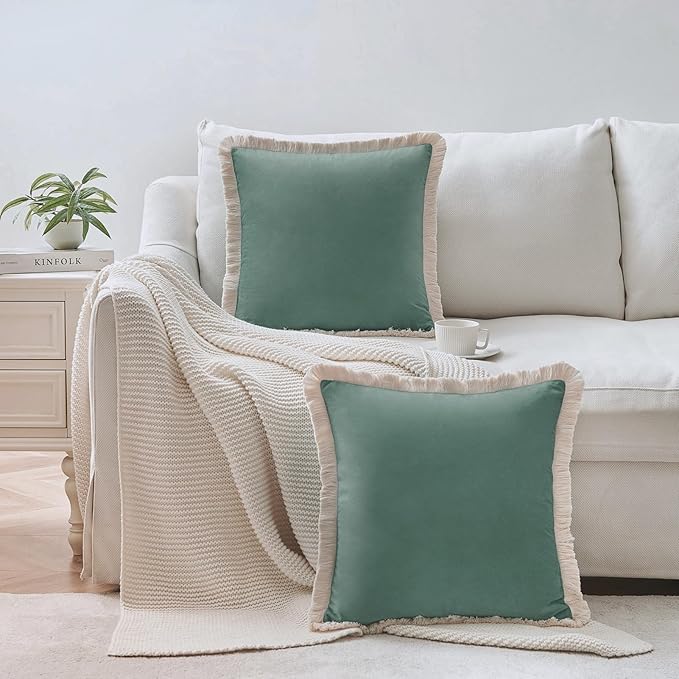 MONDAY MOOSE Decorative Throw Pillow Covers Cushion Cases, Set of 2 Soft Velvet Modern Fringe Tassel Designs, Mix and Match for Home Decor, Pillow Inserts Not Included (Sea Green, 16x16 inch)