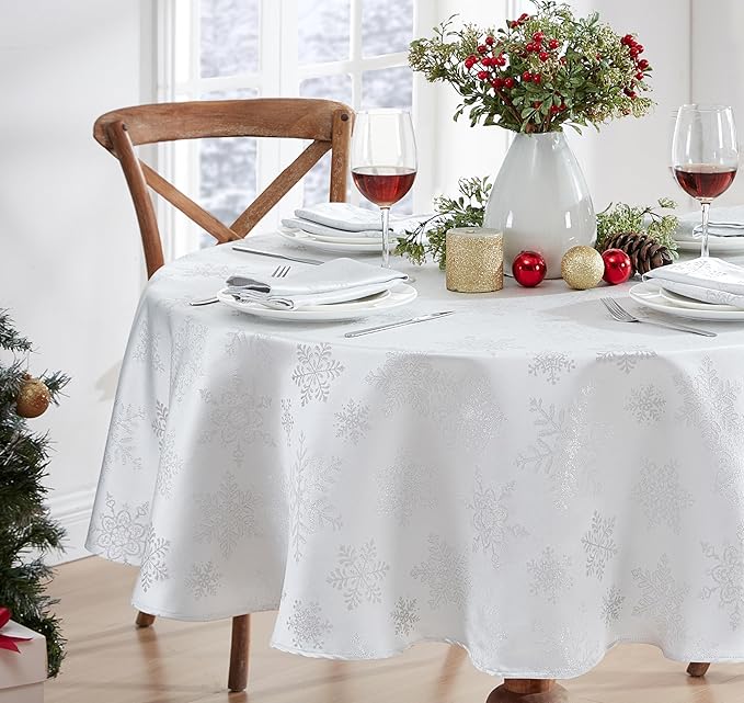 Newbridge Fancy Metallic Snowflake Christmas Fabric Tablecloth, 70 Inch Round, White Silver, No-Iron Soil Resistant Sparkling Snowflakes Woven Holiday Table Cover