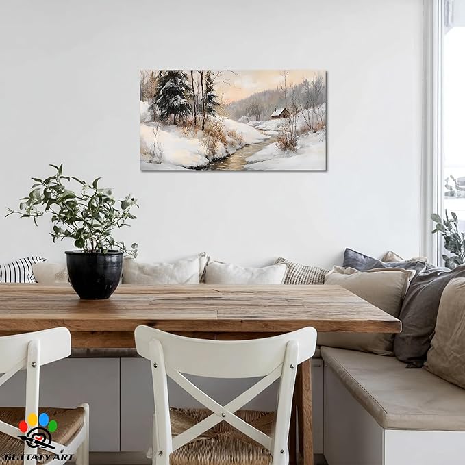 GUTTATY Christmas Winter Scene Canvas Wall Art, Snowy Landscape Wall Painting, Tranquil River Cabin Canvas Prints, Winter Poster Wall Decor for Living Room, Bedroom, Holiday Home, 16x8 Inch