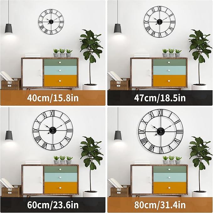 Large Wall Clock - 40cm/ 16 Inches Silent Non-Ticking Metal Wall Clock, Black, Vintage Modern Style, Battery Operated, Ideal for Living Room, Bedroom, Office, Farmhouse Decor
