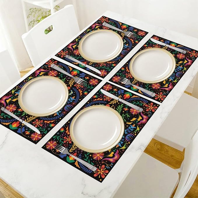 Mexican Floral Placemat Set of 6, 12x18 Inch Colorful Mexico Fiesta Birds Talavera Cinco De Mayo Dia De Los Muertos Day of The Dead Coffee Table Mats for Outdoor Kitchen Dining Table Decoration