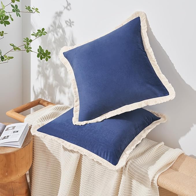 MONDAY MOOSE Decorative Throw Pillow Covers Cushion Cases, Set of 2 Soft Velvet Modern Fringe Tassel Designs, Mix and Match for Home Decor, Pillow Inserts Not Included (Midnight Blue, 18x18 inch)