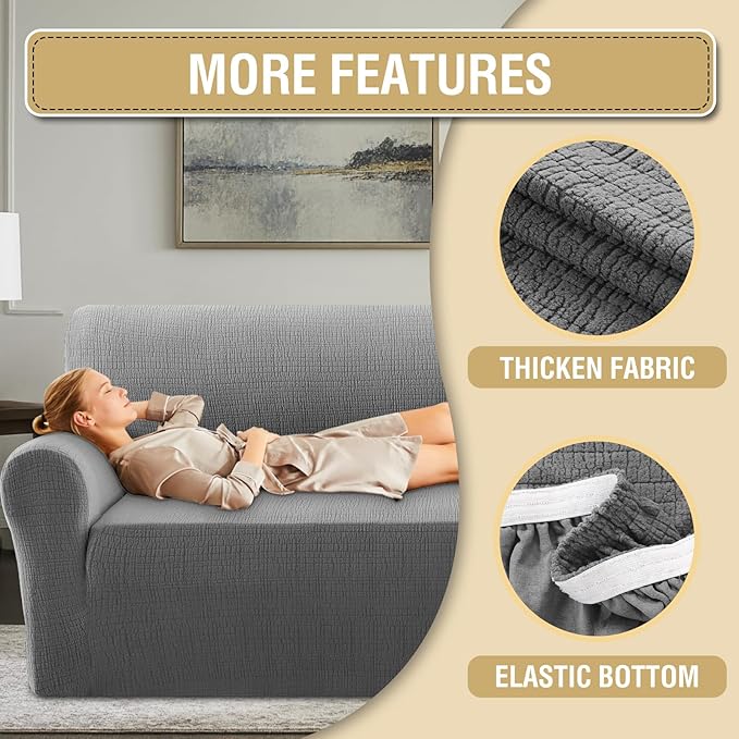 H.VERSAILTEX Jacquard Sofa Slipcover with Waterproof Seat Furniture Protector 1 Piece Stretch Sofa Covers with Elastic Bottom for Kids, Pets, Dog(Armchair, Grey)