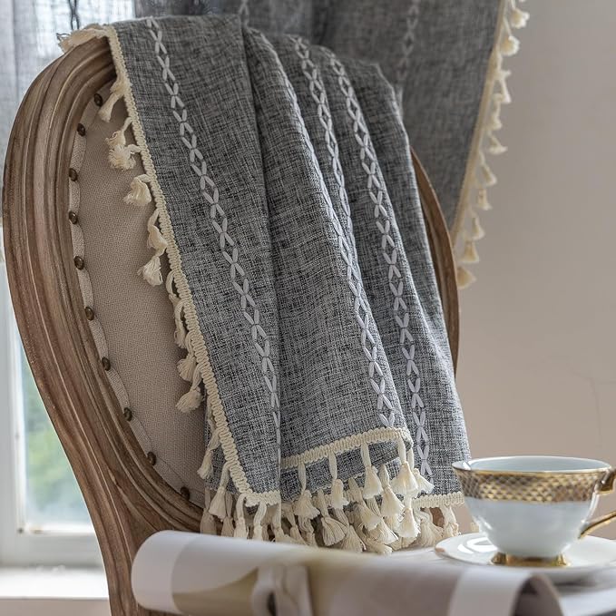 Sutuo Home Boho Curtains for Bedroom Living Room, Semi Blackout Privacy Linen Farmhouse Vintage Tassels Window Treatment Bohemian Embroidery Drape, Rod Pocket 1 Panel 52" W x 90" L, Black Grey