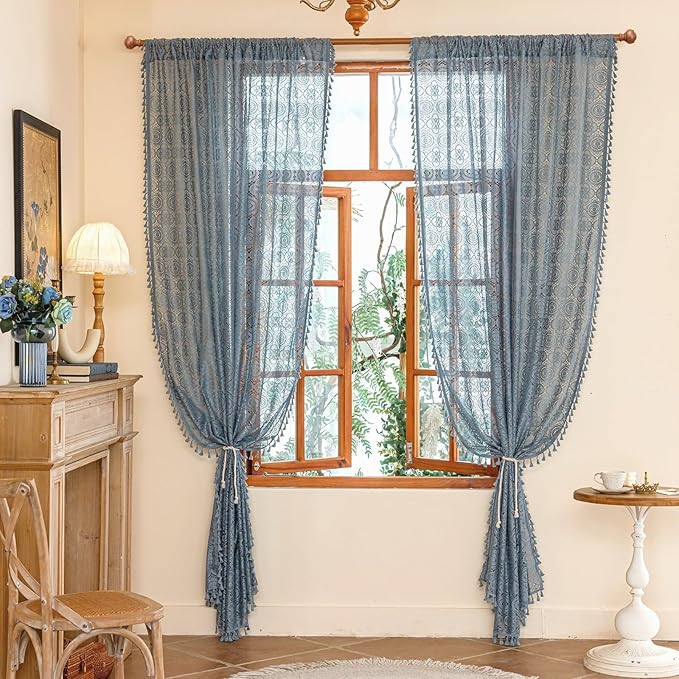 YJ YANJUN Blue Boho Curtains 2 Panles -72 Inches Long, Vintage Lace Window Panels with Tassels for Living Room Bedroom Sliding Door, Semi Sheer, Privacy, Ocean Coastal Décor W59 x L72 Dusty Blue