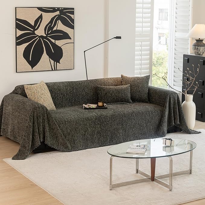 DREAMINGO Thickened Chenille Couch Cover 71x118 Inch Washable 2-Seater Sofa Covers Living Room Sectional Couch Slipcovers Modern Furniture Protector with Tassel, Black Grey