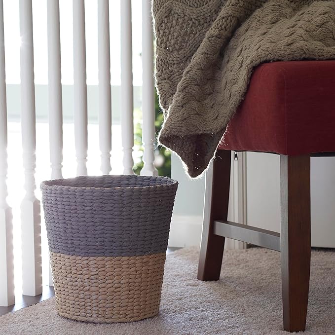 Household Essentials Wicker Waste Basket, 2-tone Hyacinth Waste Bin for Bathroom, Bedroom, Office