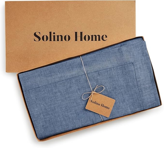 Solino Home Linen Tablecloth 60 x 156 Inch - 100% Pure Linen Blue Denim Table Cloth for Rectangle Tables - Athena, Machine Washable Tablecloth for Christmas