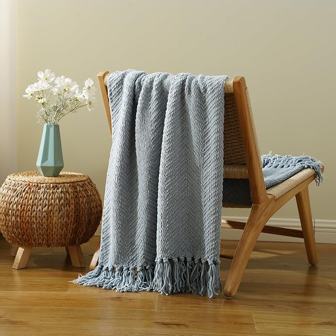 BATTILO HOME Bluish Grey Chenille Throw Blanket for Couch, Knit Throw Blanket,Super Soft Warm Home Decor Throw Blanket with Tassels for Bed,Sofa and Living Room,60" x 80"
