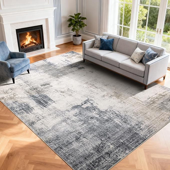 9x12 Washable Area Rug for Living Room Rug,Abstract Large Rugs for Bedroom Dining Room Farmhouse Nursery Home Office，Low Pile Stain & Slip Resistant Carpet -Gray Gold