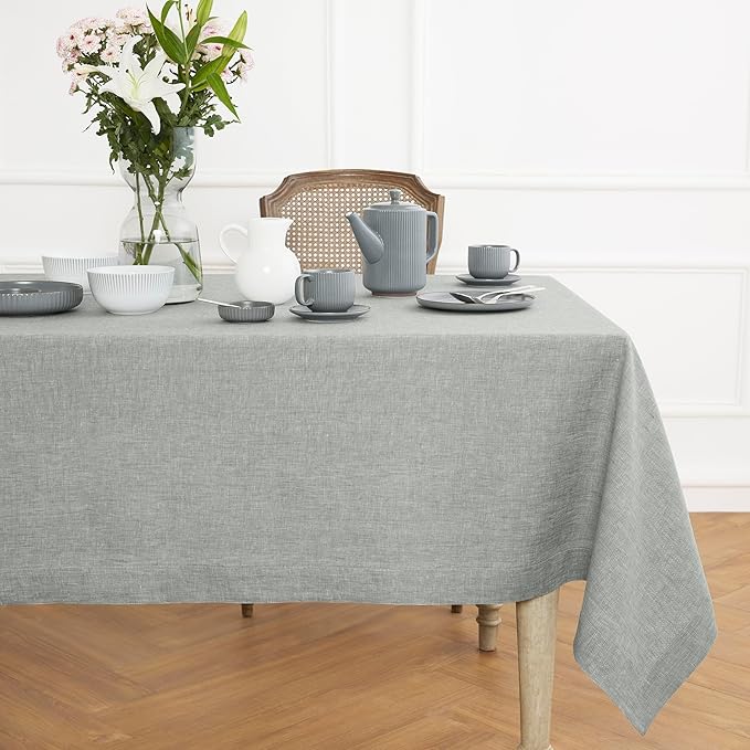 Solino Home Linen Tablecloth 60 x 108 Inch - 100% Pure Linen Chambray Grey Table Cloth for Rectangle Tables - Athena, Machine Washable Fabric Tablecloth for Fall, Autumn, Thanksgiving