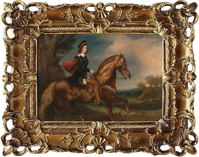 FOLKOR Vintage Framed Canvas Art with Gold Frame, Cool Girl Riding Horse Landscape Oil Painting Prints for Bedroom Living Room Guest Room Decoration, Retro Fine Art for Home Office Library Shop, 5x7