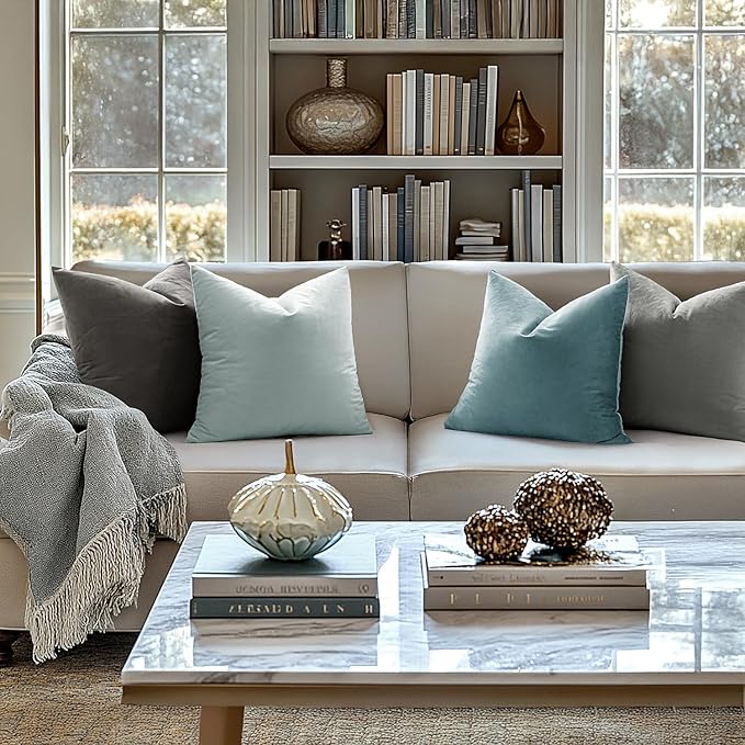 MIULEE Pack of 2 Velvet Pillow Covers Decorative Square Pillowcase Soft Solid Cushion Case for Spring Sofa Bedroom Car 20x20 Inch Baby Blue