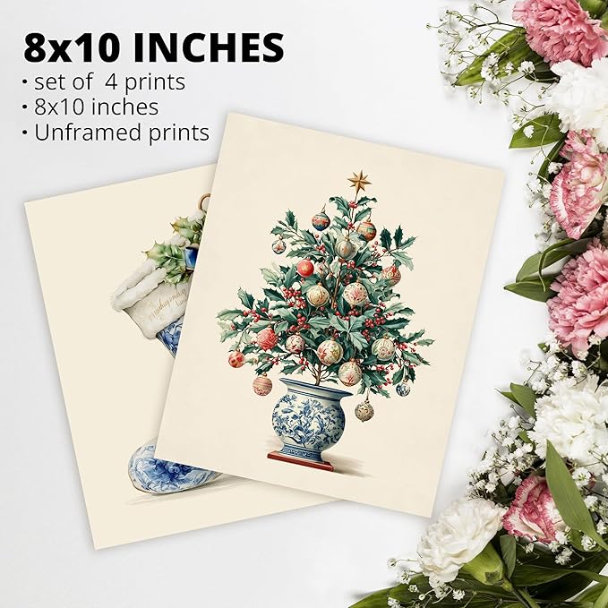 AEHIE Chinoiserie Christmas Tree Bells Wall Art Poster Prints for Home, Xmas Tree Wreath Bow Posters, Chinoiserie Prints Decor, Blue and White Porcelain Christmas Wall Art Unframed 4pcs 8x10inch