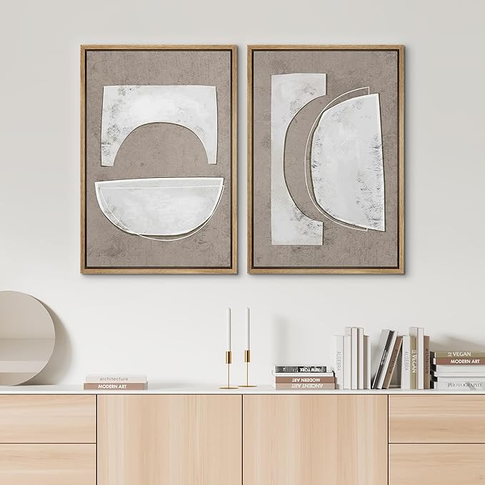 SIGNWIN Framed Canvas Print Wall Art Set Art Deco Grunge White Polygons Abstract Shapes Cozy Neutral Minimal Decorative Nordic Zen Bohemian for Living Room, Bedroom, Office - 16"x24"x2 Natural