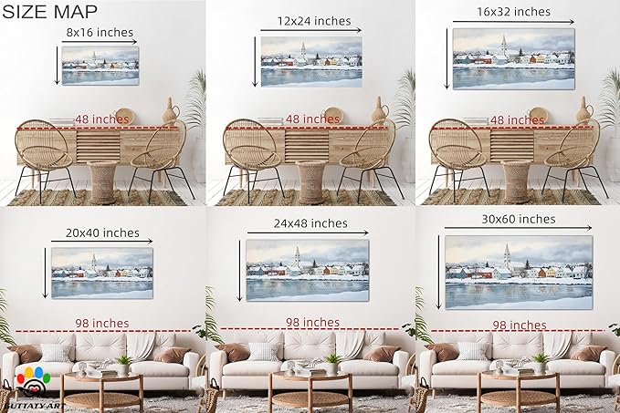GUTTATY Christmas Winter Scene Canvas Wall Art, Snowy Village Houses & Church Wall Decor, Serene Winter Pictures, Holiday Wall Prints for Living Room, Bedroom, Office, 24x12 Inch