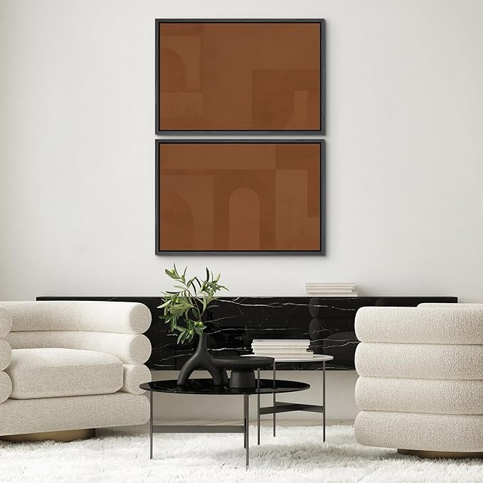 SIGNWIN Framed Canvas Print Wall Art Set Mid-Century Brown Polygon Landscape Abstract Shapes Digital Art Modern Art Decorative Minimalism Vintage for Living Room, Bedroom, Office - 24"x36"x2 Black