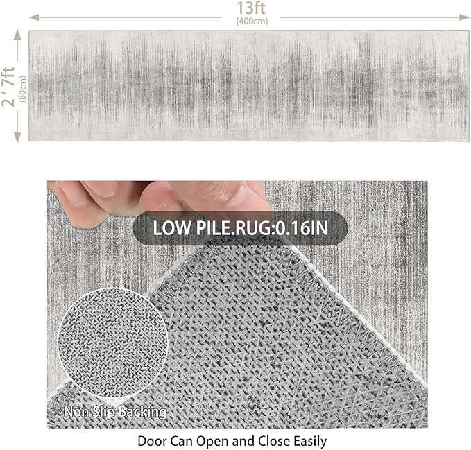 Enkor Runner Rugs for Hallway, 2'7"x13 Washable Soft Non Slip Rugs Abstract for Kitchen, Modern Mat for Entryway Living Room Bedroom White & Grey