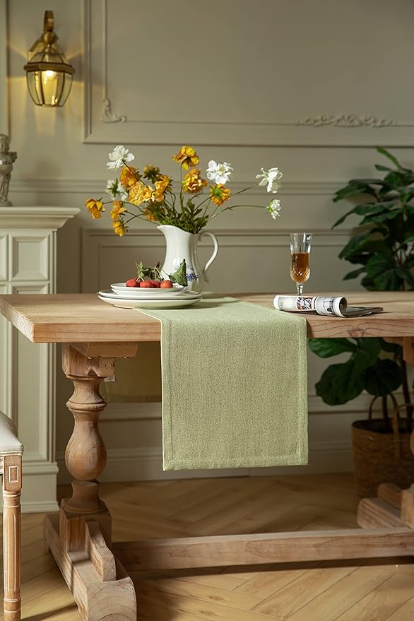 ZeeMart Burlap Style Farmhouse Table Runners 90 Inches Long, Sage Green Rustic Woven Dining Table Runner for Everyday Use, 14x90 Inches, Light Sage Green