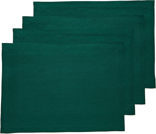 Solino Home Linen Placemats Set of 4 - Rainforest Green Placemats 14 x 19 Inch - 100% Pure Linen Table Place Mats - Fete - Christmas, Winter, New Year