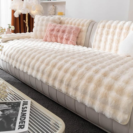 Faux Fur Couch Cover, Soft Warm Plush Sofa Couch Cover, Non Slip Sectional Sofa Slipcovers for L Shaped, Washable Furniture Protector for Kids, Dogs(Beige White, 36"x 94")