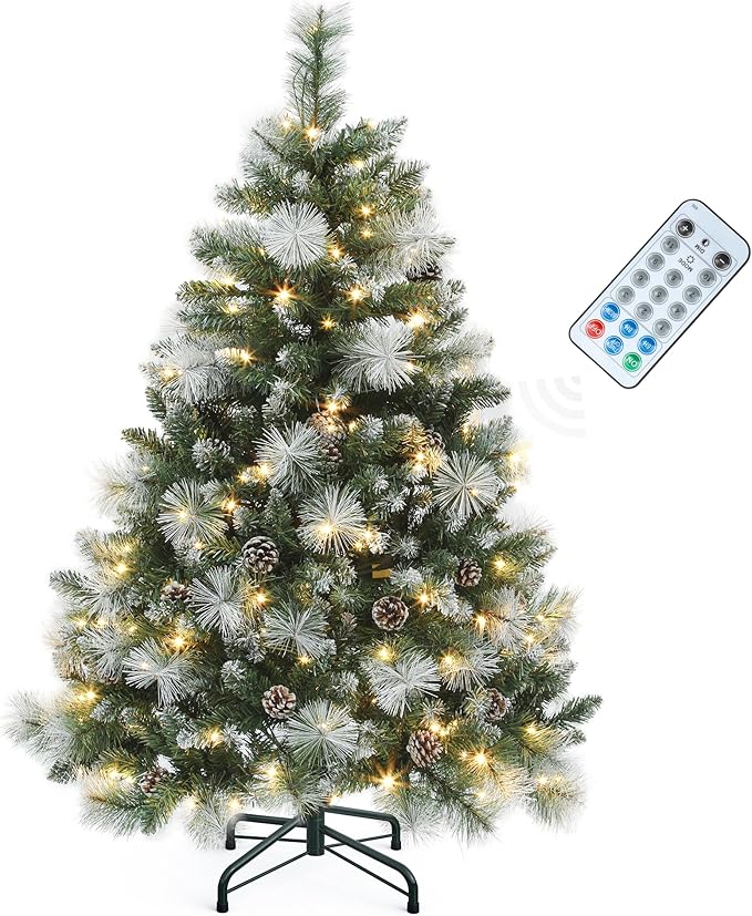 YITAHOME 4.5ft Prelit Scotch Pine Christmas Tree with Remote Control, Pre-Decorated Frosted Christmas Tree with Pine-Cones & Needles, Warm White/Multicolor Changing Lights for Home/Office