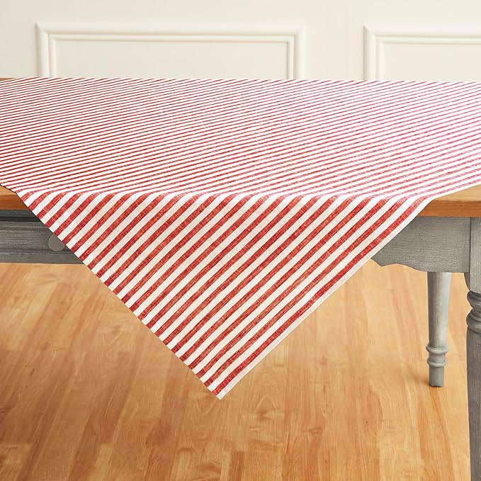 Solino Home Linen Striped Tablecloth 52 x 52 Inch - 100% Pure Linen Red and White Square Table Throw - Amalfi Stripe, Machine Washable Tablecloth