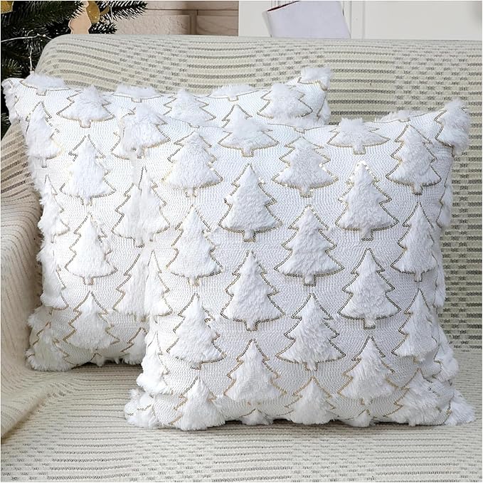 Christmas Throw Pillow Covers Christmas Decorations Set of 2 Xmas Tree 18x18 Pillow Covers Soft Plush Faux Wool Pillow Cases Holiday Winter Decor Sofa Couch Bed