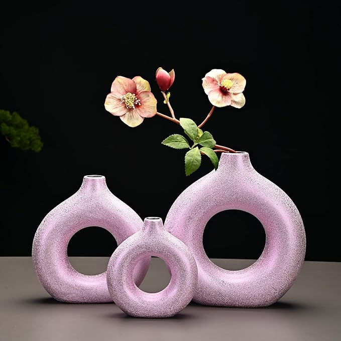 Modern Donut-Shaped Decorative Vases, Handmade Minimalist Boho ins Style, Modern Vase for Home Decor for Wedding Dinner Table Party Living Room Office Bedroom (Purple-Gold, Exra Large)