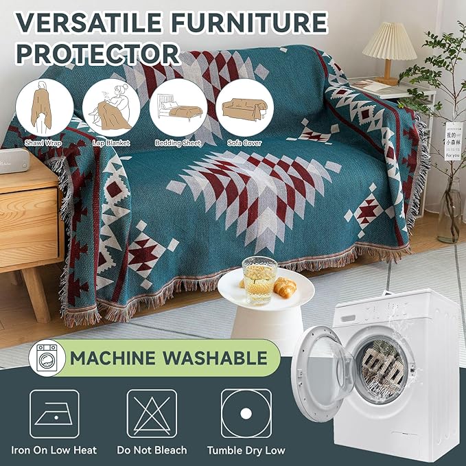 VClife Boho Couch Cover Soft Cotton Linen Blue Red Gray Triangle Plaid Geometric Sofa Slipcover for Sectional Sofa, Multi-sue Non Slip Loveseat Cover Sofa Protector for Dog Cat Kid 71"x 118"