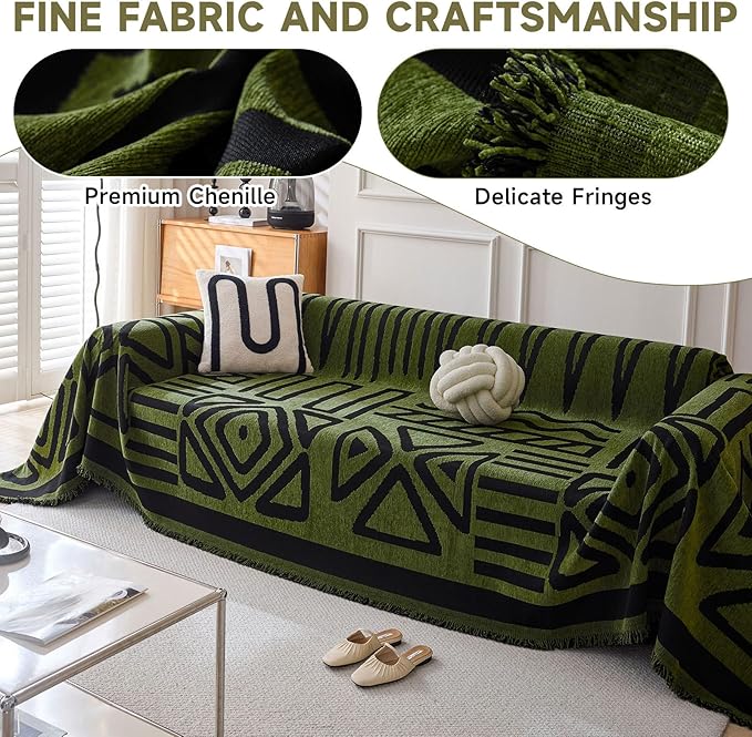 VClife Boho Couch Cover for 3 Cushion Couch Chenille Sofa Cover for Sectional Sofa, Modern Forest Green Sofa Slipcover Washable Couch Covers for L-Shape Sofa Reversible Sofa Protector 71''x134''