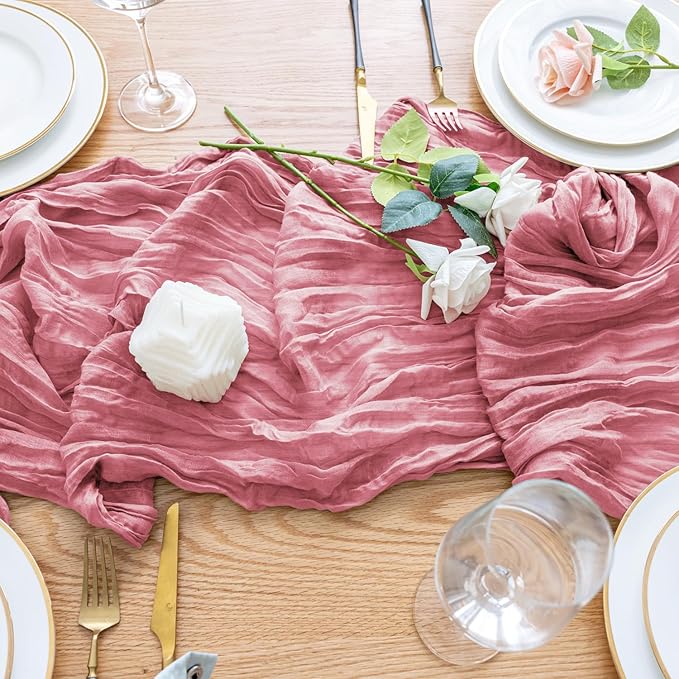 Wokceer Cheesecloth Table Runner 2Pack 10FT Dusty Rose Boho Gauze Cheese Cloth Table Runner for Party Long Rustic Sheer Table Runners for Baby Bridal Shower Wedding Easter Table Decor