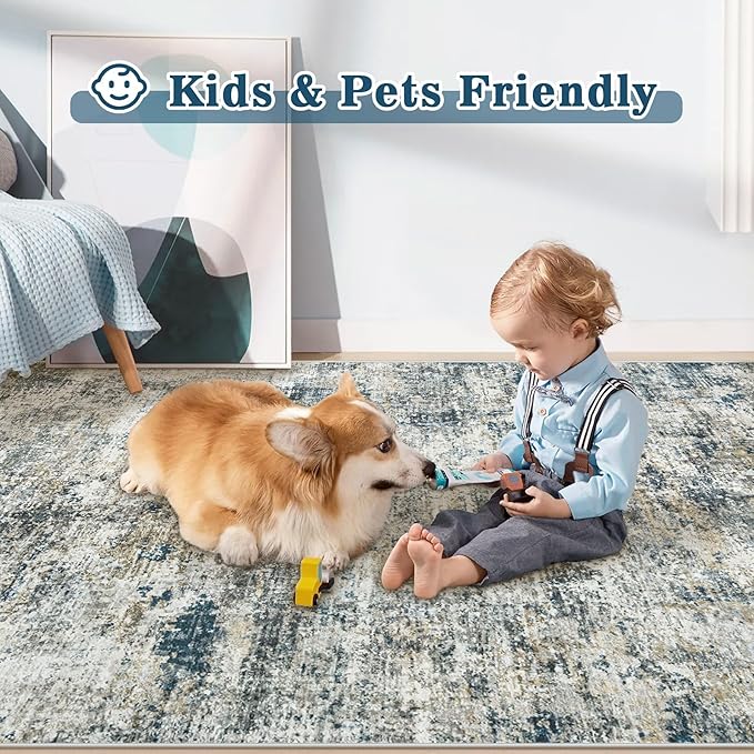 9x12 Washable Area Rug for Living Room: Modern Abstract Rugs Soft Non-Slip Low-Pile Indoor Floor Carpet for Bedroom, Dining Room, Nursery (BlueGreyBrown, 9'x12')