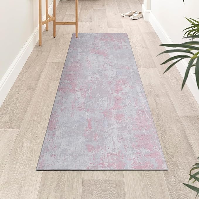 Modern Abstract 2x8 Runner Rug Washable Non Slip Stain Resistant Rug for Hallway Kitchen Bedroom Non Shedding Low Pile Indoor Floor Cover,Grey Pink