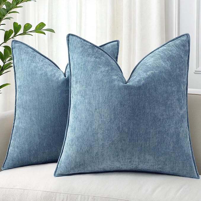 decorUhome Christmas Couch Throw Pillow Covers 22x22 Set of 2, Decorative Soft Euro Velvet Neutral Chenille Pillow Covers with Elegant Design for Sofa Bed Living Room Home Decor, Blue Grey