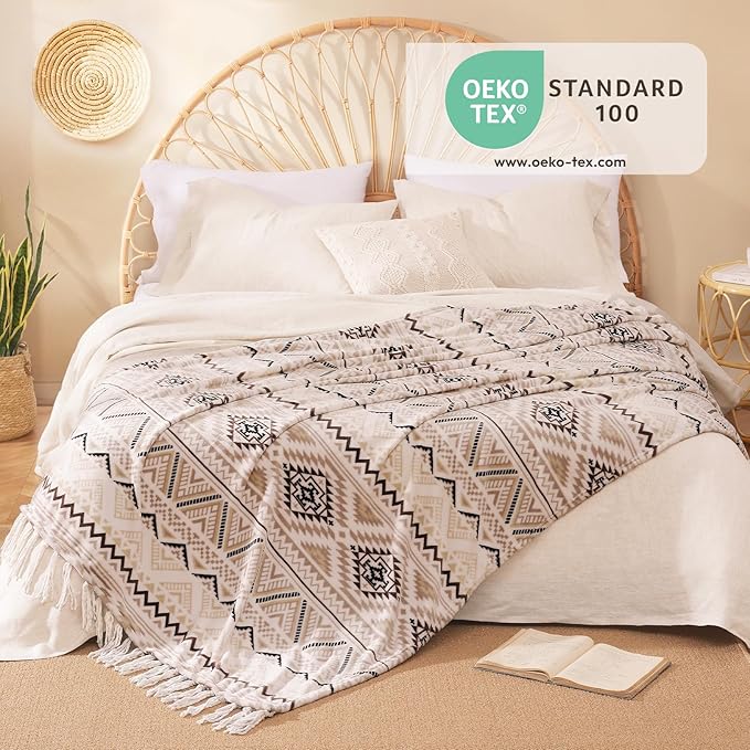 CASAAGUSTO Boho Throw Blanket - Beige and Gray Decorative Blankets with Tassel, Printed Flannel Bohemian Blanket for Chair, Bed, Sofa, Couch(50 * 60, Beige and Gray)