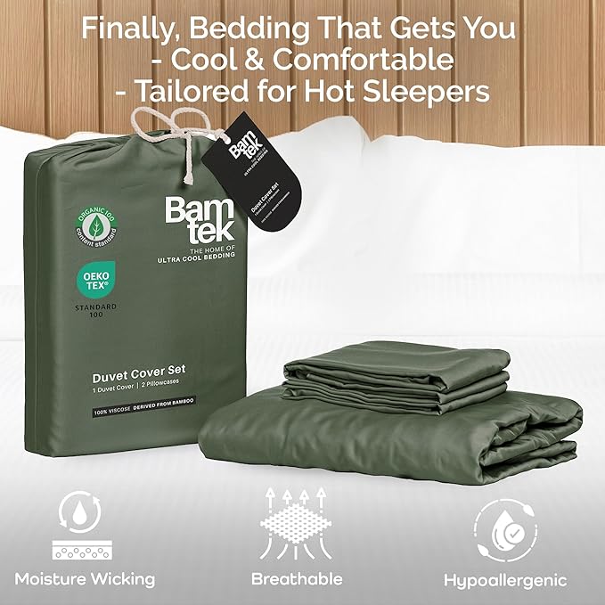 Duvet Cover Set - 100% Viscose Derived from Bamboo Duvet Cover Queen Size, 3 PC Luxury Cooling Duvet Cover for Hot Sleepers, Silky Buttery Soft Comforter Cover & 2 PC Queen Pillowcases, Moss