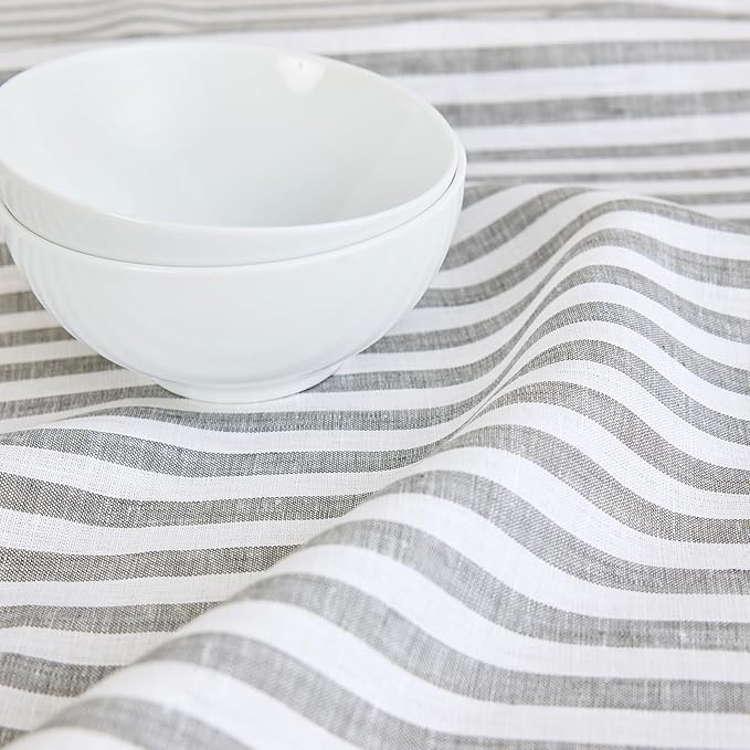 Solino Home Linen Tablecloth 60 x 108 Inch - Amalfi Stripe 100% Pure Linen Grey and White Table Cloth for Rectangle Tables - Machine Washable Fabric Tablecloth for Fall, Autumn