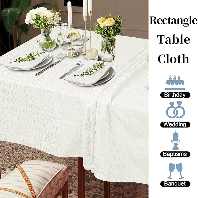 White Table Cloths for 9 Foot Rectangle Tables (60"x120", Seats 10-12) - Cotton-Polyester Blended, Washable & Reusable - 1PC White Tablecloth for Banquet, Party & Dinner, Table Cover with Bow Jacquard
