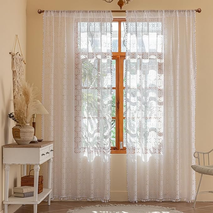 YJ YANJUN White Tassel Curtains 96 Inches Long 2 Panels Victorian Lace Curtains with Tassel Vintage Floral Sheer Drapes Rod Pocket Shabby Chic Cottage Curtains for Bedroom Living Room 8FT 59W x 96L