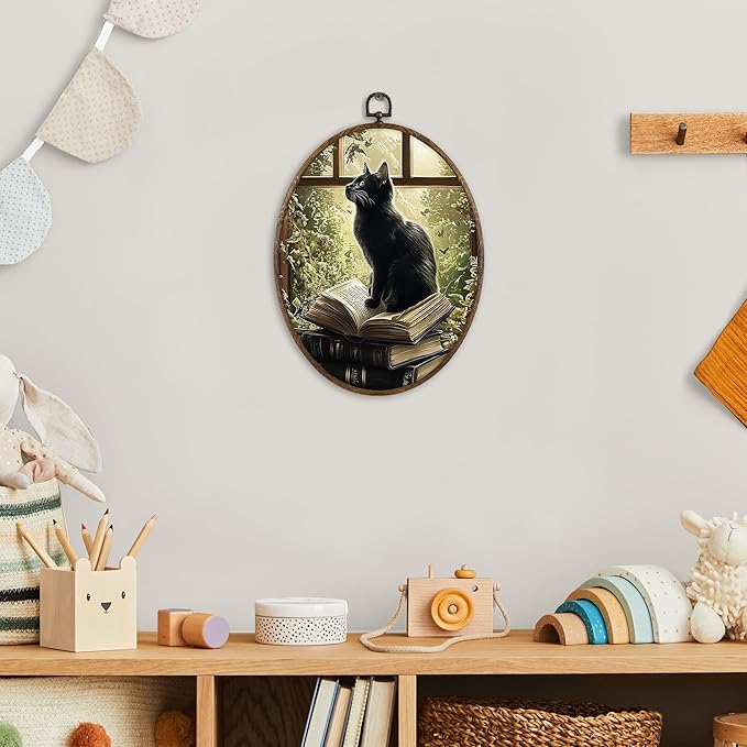 KFXHANGD Vintage Dark Academia Black Cat Oval Wall Art Framed, Antique Cottagecore Black Cat Canvas Wall Art Decor, Rustic Moody Gothic Cats Hanging Decor for Living Room Bedroom, 8.7x11.3 In