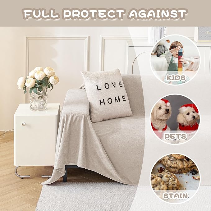 MYSKY HOME Couch Covers for Sectional Sofa Love Seat Couch Covers Couch Cover for Dogs Washable Couch Cover Blanket, Non Slip Sofa Slipcovers, Super Soft Sofa Towel for Kid, Pet, 71" x 118", Oat